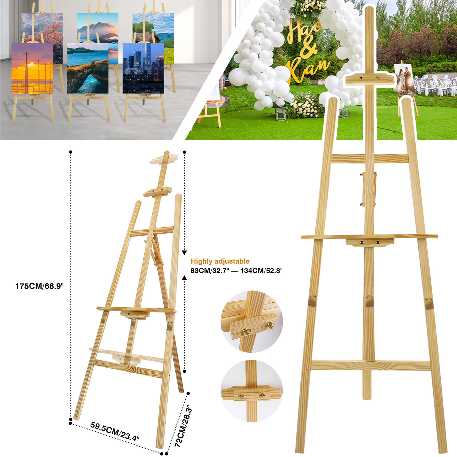 1.75M/69inch Studio Easel Wooden A-Frame Folding Pine Wood Artist Art Craft Adjustable Display Exhibition for Wedding Drawing 1