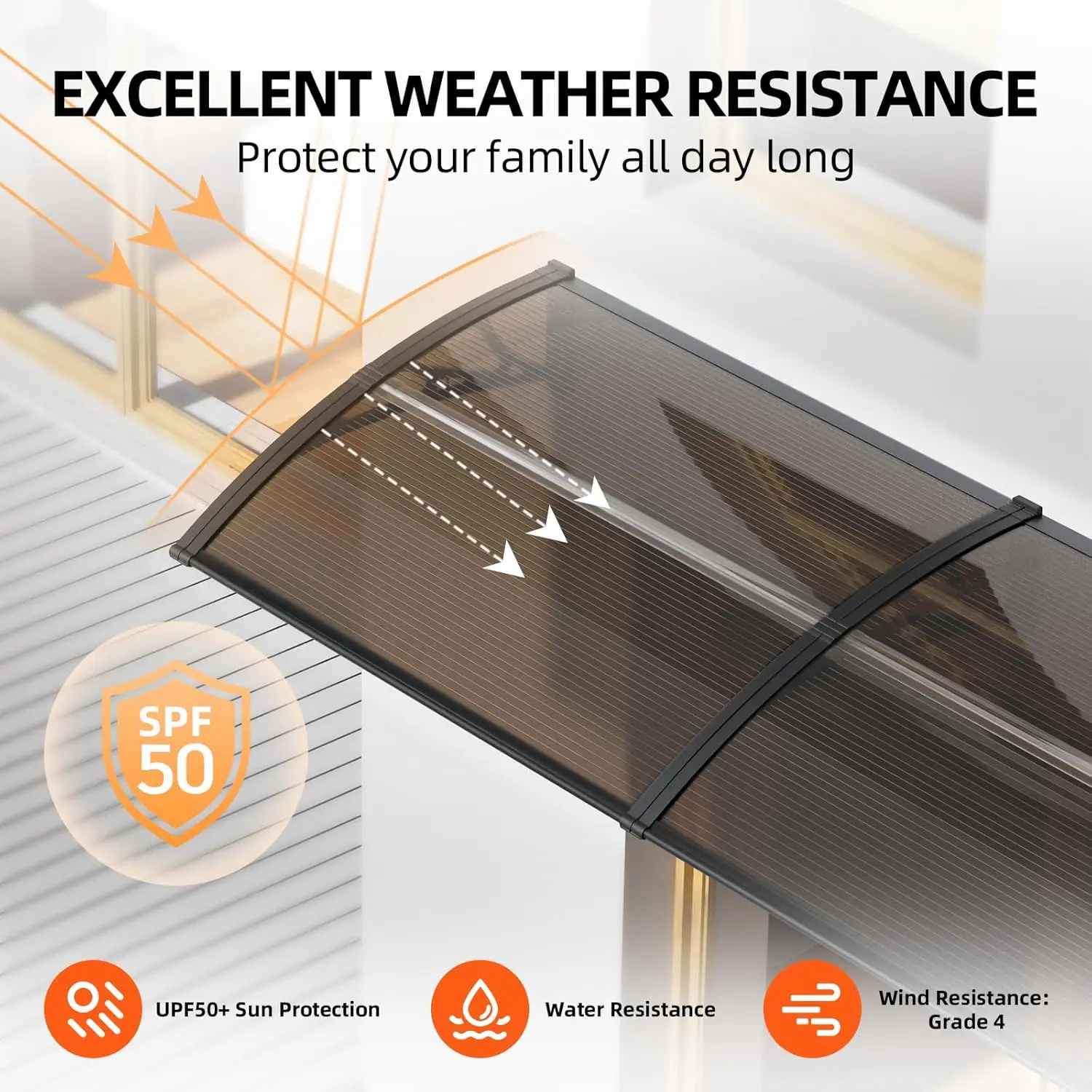 30/40/60/80 Inches Window Awning Outdoor Canopy Exterior For Patio Deck Porch UPF 50+ Polycarbonate Eaves Canopy Sun Shutter