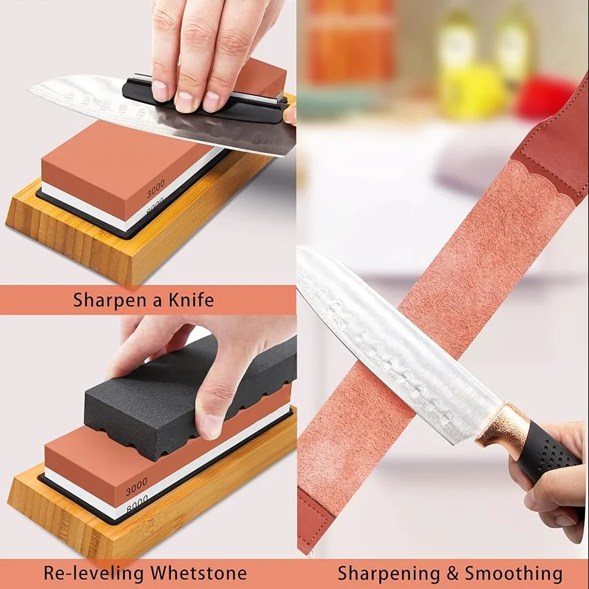 Complete Knife Sharpening Stone Set &ndash; Dual Grit Whetstone 400/1000 3000/8000 Knife Sharpener with Leather Strop Bamboo Base knife sharpener,kitchen knife sharpener,knife sharpening stone,diamond sharpening stone,razor knife sharpener