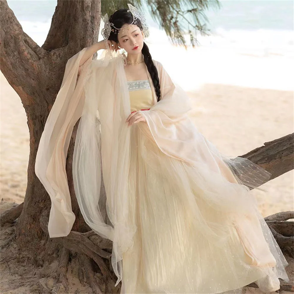 

Beige women's Hanfu Chinese traditional style big sleeve shirt polyester fiber Tang Dynasty daily summer full skirt