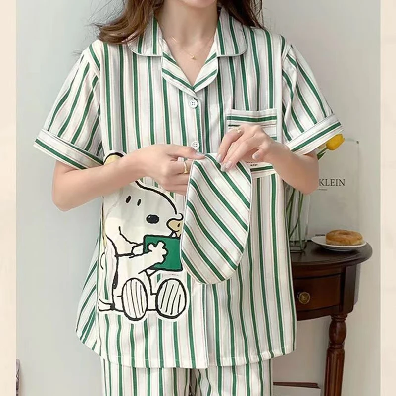 

New Pure Cotton Pajamas Striped ASnoopyyed Summer Short Sleeve Cartoon Kawaii Ins Home Service Comfortable and Breathable