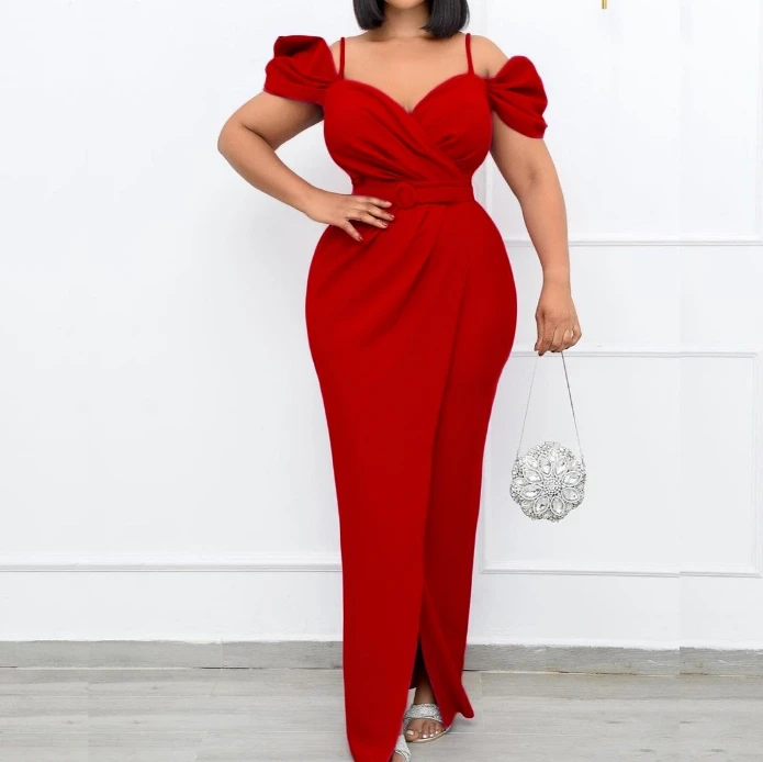 

Women Urban Style Party Dress 2024 Latest Off Shoulder Strap Solid V-Neck Sexy Evening High Wait Buttocks Wrapped One Step Skirt