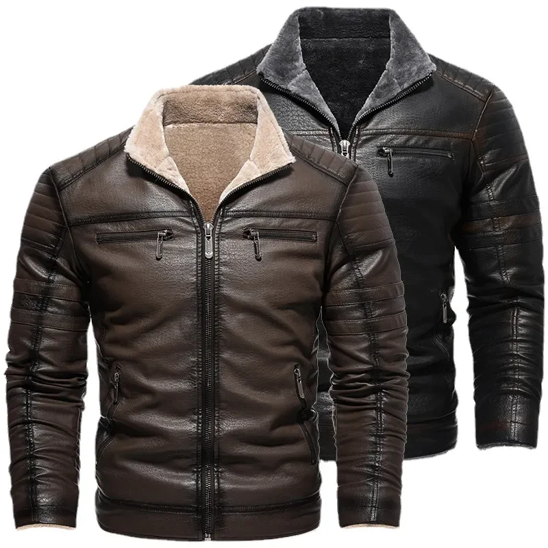 Winter Fleece Men s Leather Jacket Warm Vintage Solid Thicken Motorcycles Coat Autumn Male Windproof Jackets