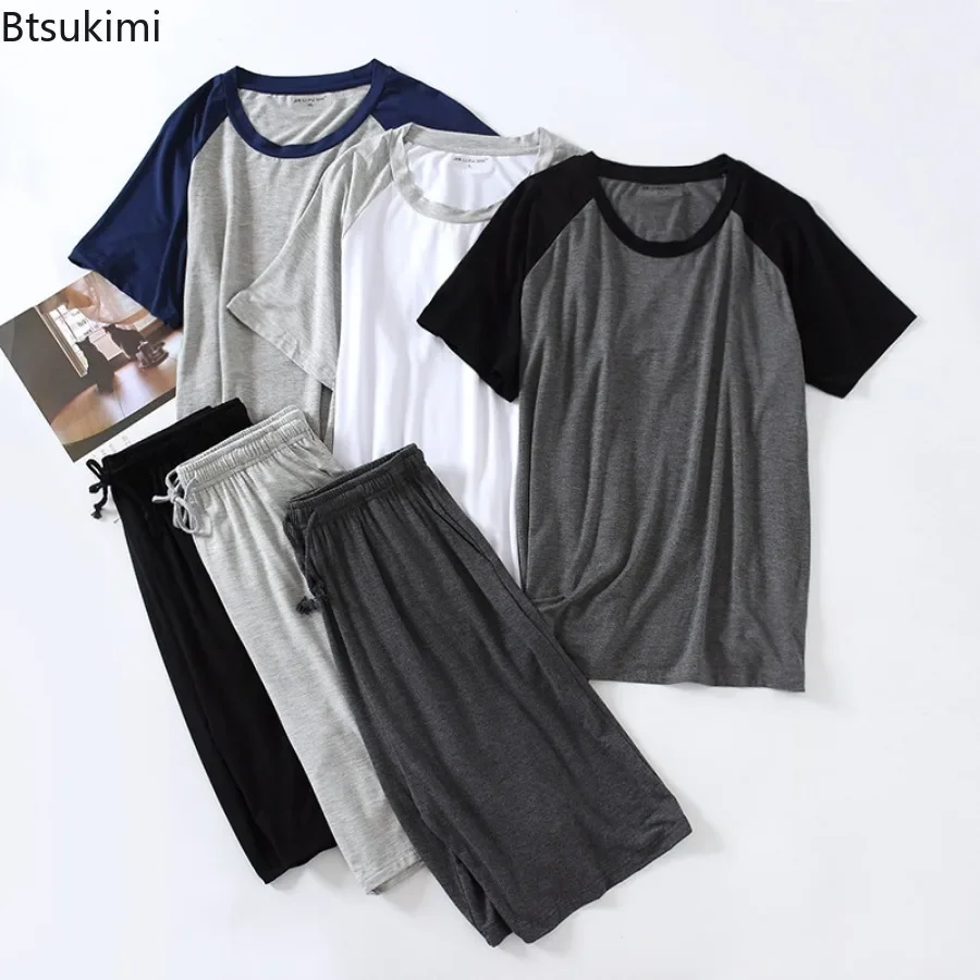 Pajama Sets Men's Summer Modal Pajama Sets O-neck Short Sleeve Tops and Short Pants Home Wear Man Loose Soft Colorblock Nightwear Sets