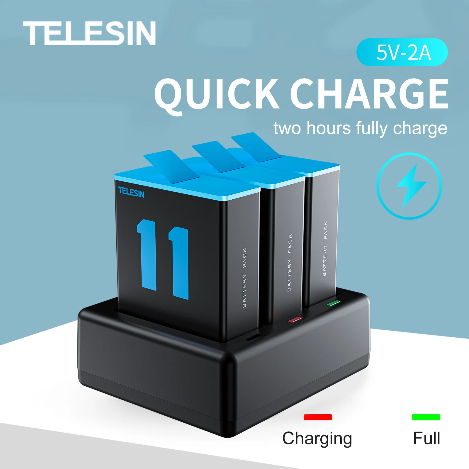 TELESIN 배터리 충전기, 고프로 히어로 액션 카메라 액세서리, 고프로 9, 10, 11, 12 용, LED 조명 충전, 배터리 없음, 3 가지 방법