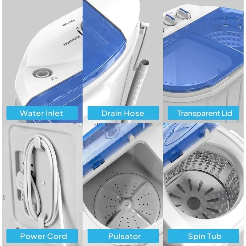 ROVSUN 11LBS Portable Washing Machine, Electric Washer and Dryer Combo with Washer(7lbs) & Spiner(4lbs) & Gravity Draining for 5