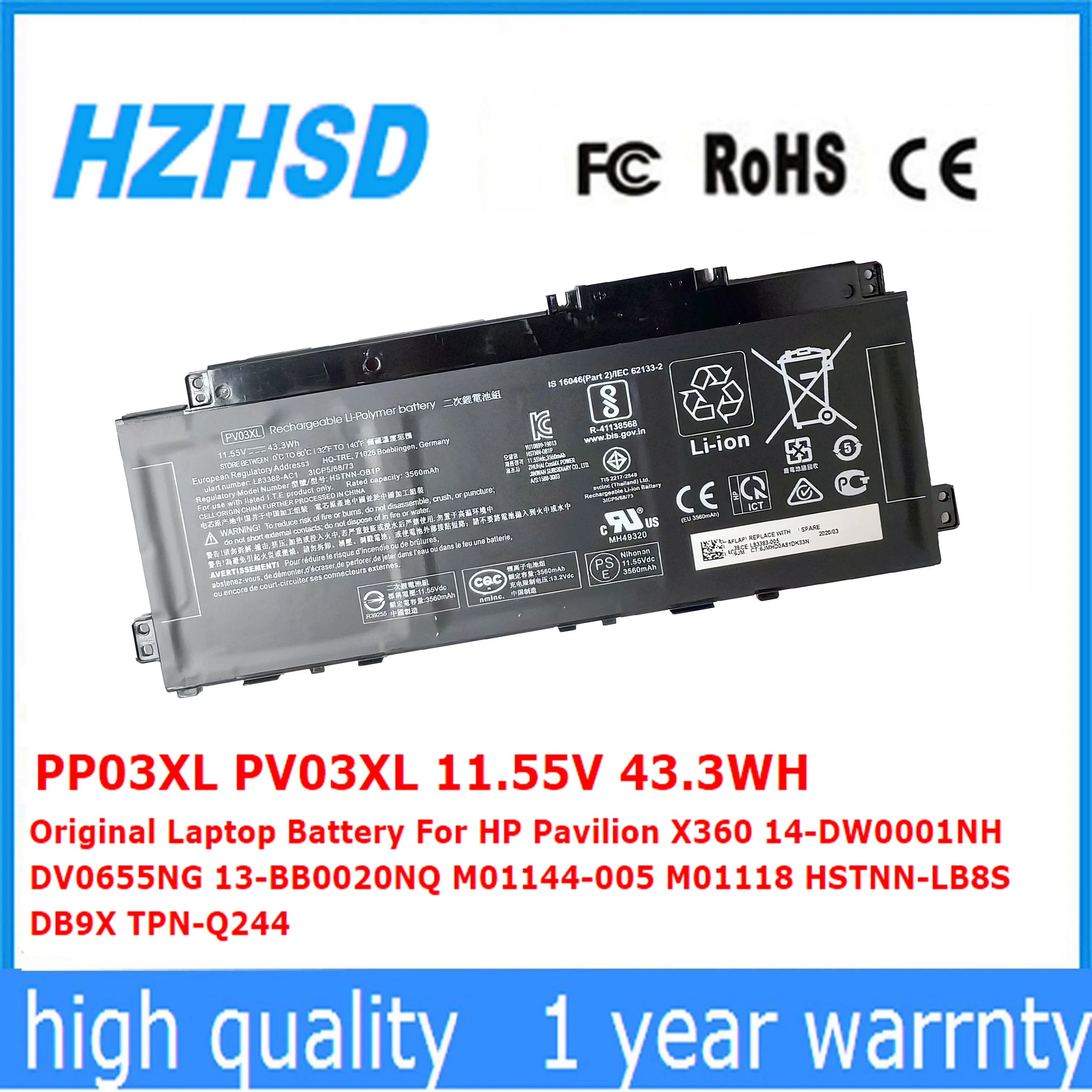

PP03XL PV03XL Original Battery For HP Pavilion X360 14-DW0001NH DV0655NG 13-BB0020NQ M01144-005 M01118 HSTNN-LB8S DB9X -Q244