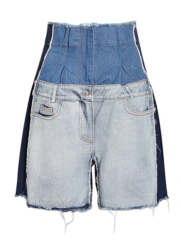 KBQ Spliced Pocket Colorblock Loose Denim Shorts For Women High Waist Tunic Casual Wide Leg Short Pants Female Fashion Style New