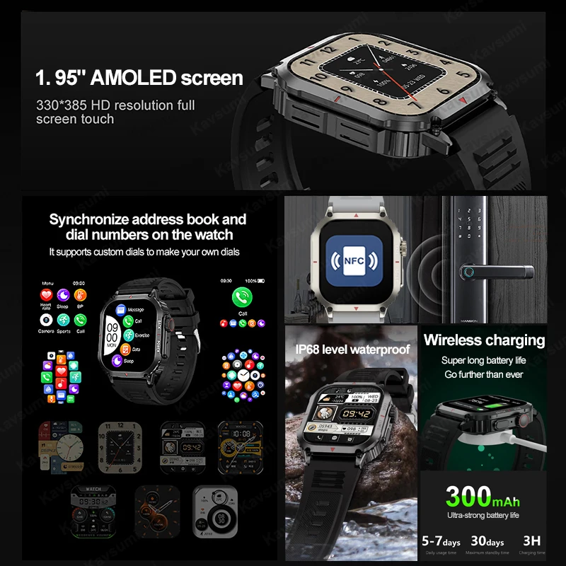 Nowy profesjonalny sportowy inteligentny zegarek dla mężczyzn 1.95 \'\'ekran AMOLED Monitor tętna cukru we krwi Smartwatch z funkcją dzwonienia