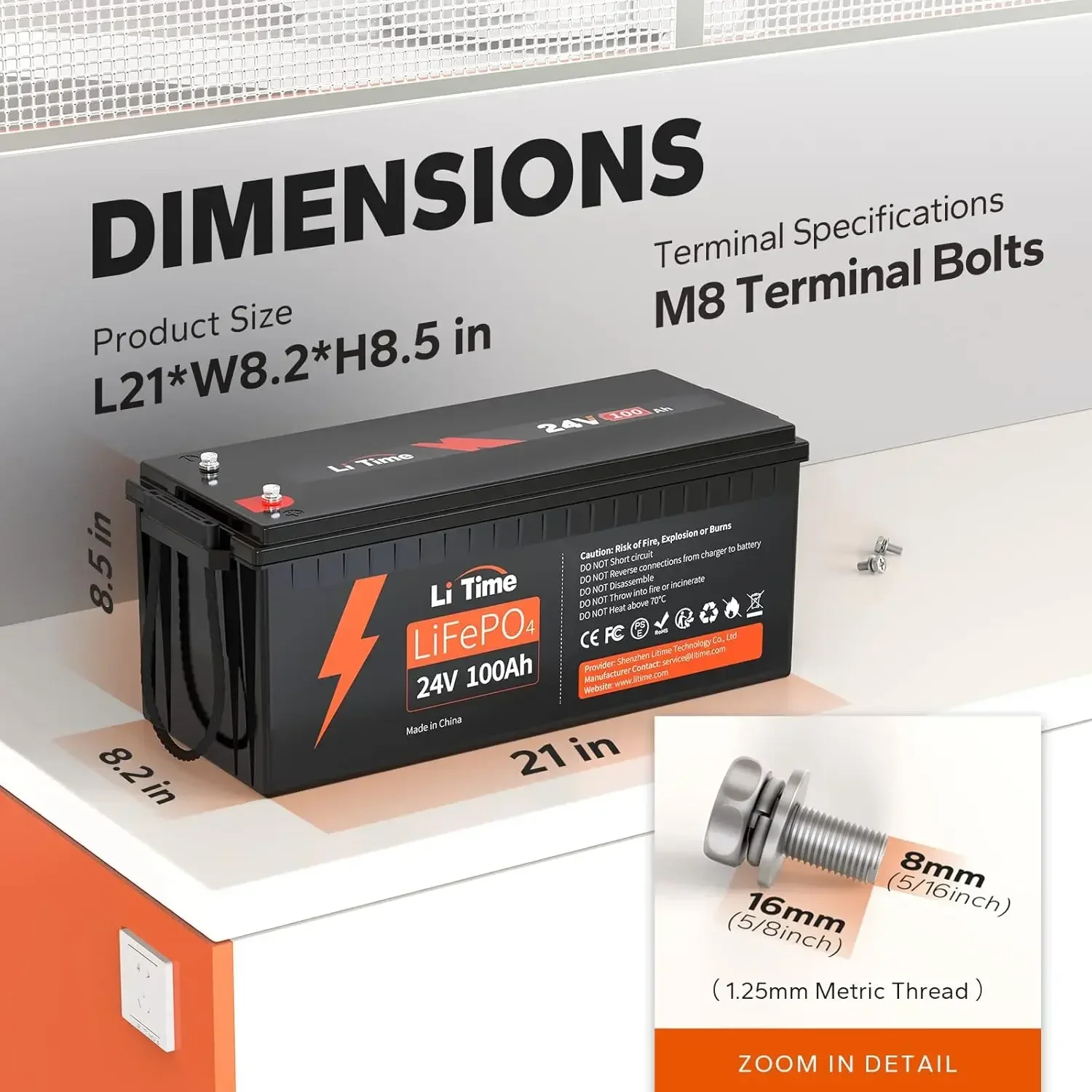 24V 100Ah LiFePO4 Lithium Battery Built-in 100A BMS 4000+ Cycles Rechargeable Battery Max. 2560W Load Power