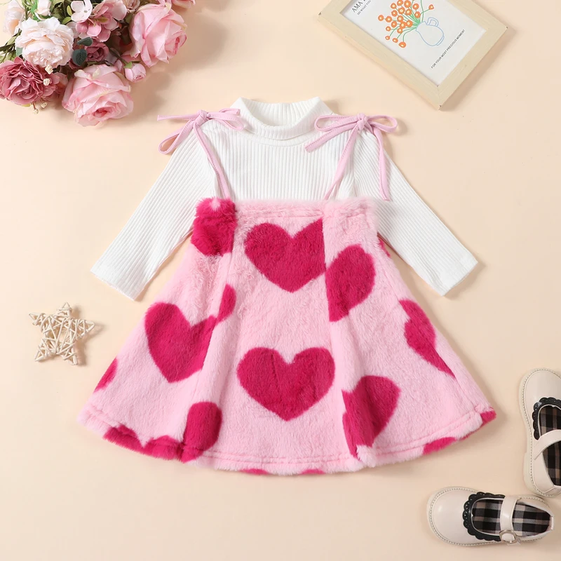 

Suefunskry Kids Girls Fall 2Pcs Outfit Ribbed Long Sleeve High Neck Pullover Tops Heart Print Fuzzy A-Line Suspender Dress