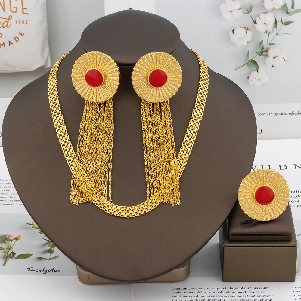 

Vintage Round Gold Color Jewelry Set for Women Dubai Italy Red Bead Tassel Earrings Necklace Ring Party Bohemia Accessory Gift