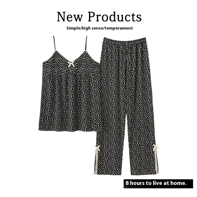 Women's Two-Piece Floral Pajama Set - Black Camisole