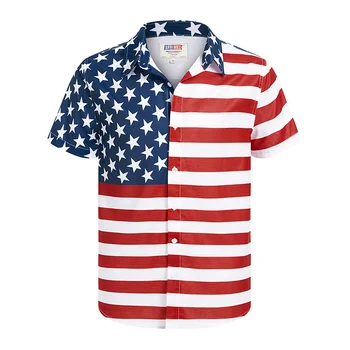 America Flag Graphic - Shoulder & Collar Stars w Horizontal Stripes - Button Down Shirt for Men