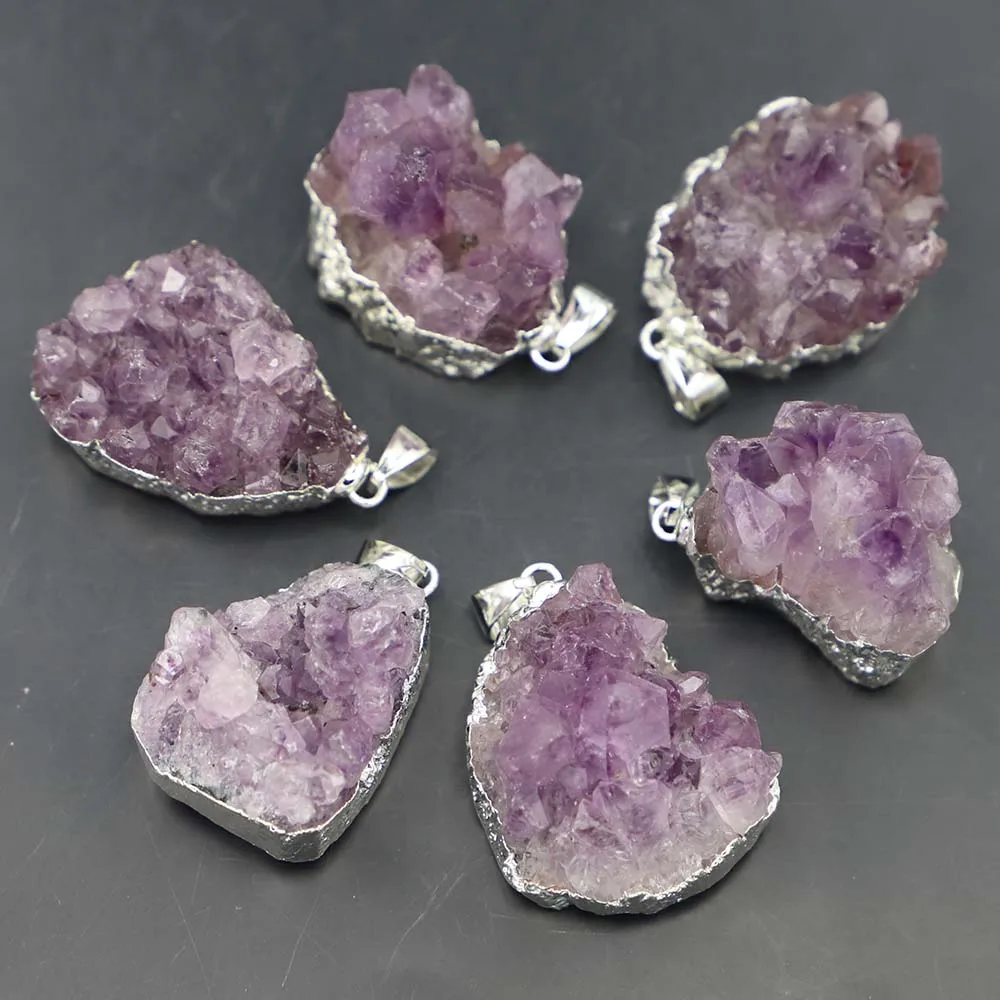 Natural Stone Raw Ore Amethyst Pendant Irregular Silver Edge Quartz Quality Purple Crystal Necklace Jewelry Gift Wholesale 10Pcs
