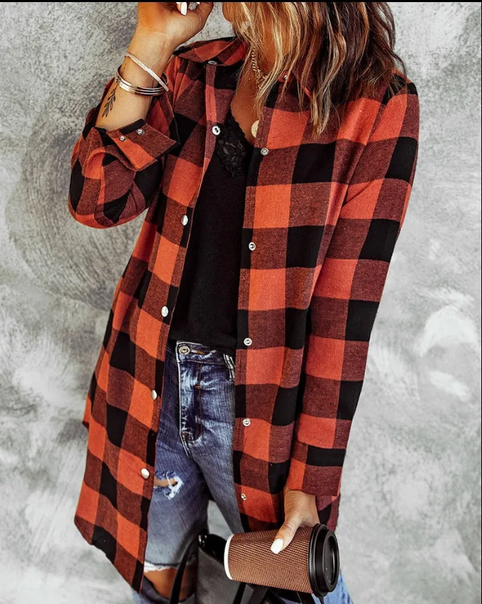

Cardigan Blouse Women Coat Fashion Versatile Casual Loose Fitting Lapel Print Plaid Long Sleeve Jacket Female Autumn New 2023