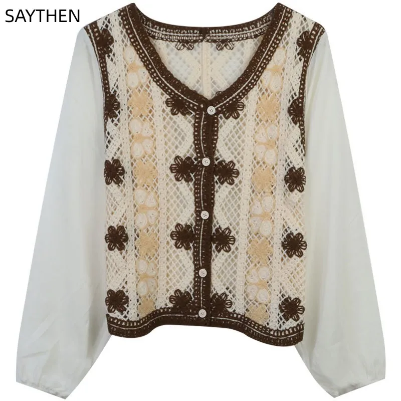 

SAYTHEN Women Summer Sunscreen Clothing Contrast Hollow Hook Embroidered Shirt Top Panel Vintage Long Sleeve Knitted Cardigan