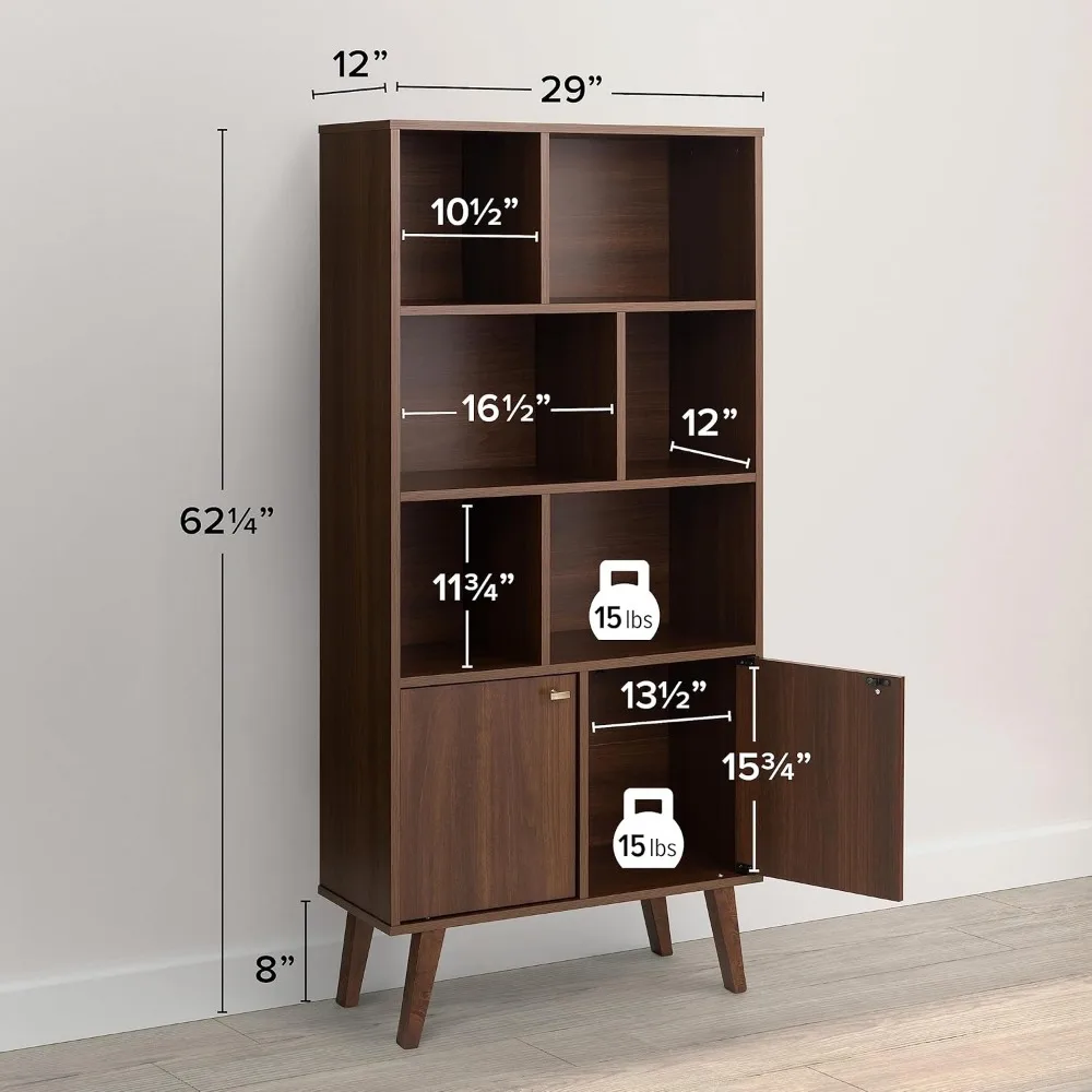 Milo Mid-Century Modern Bookcase with Six Shelves, Two Doors, and Brushed Brass-Finished Knobs 3