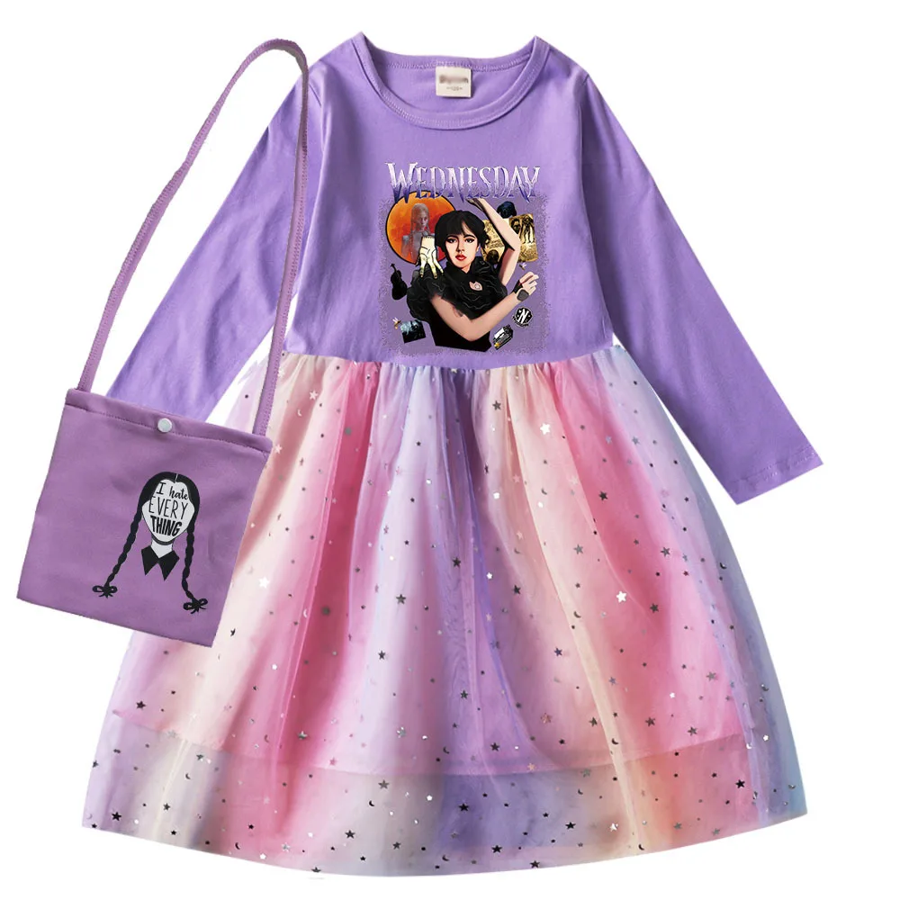 

Horror Wednesday Addams Dress Baby Girls Long Sleeve Casual Dresses Kids Knee-Length Cartoon Rainbow Gauze Wedding Party Vestido