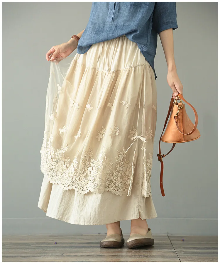 white skirt French Long Skirt Ankle Retro Double Mesh Yarn Loose Embroidery A-Line skirt RV474 summer skirts