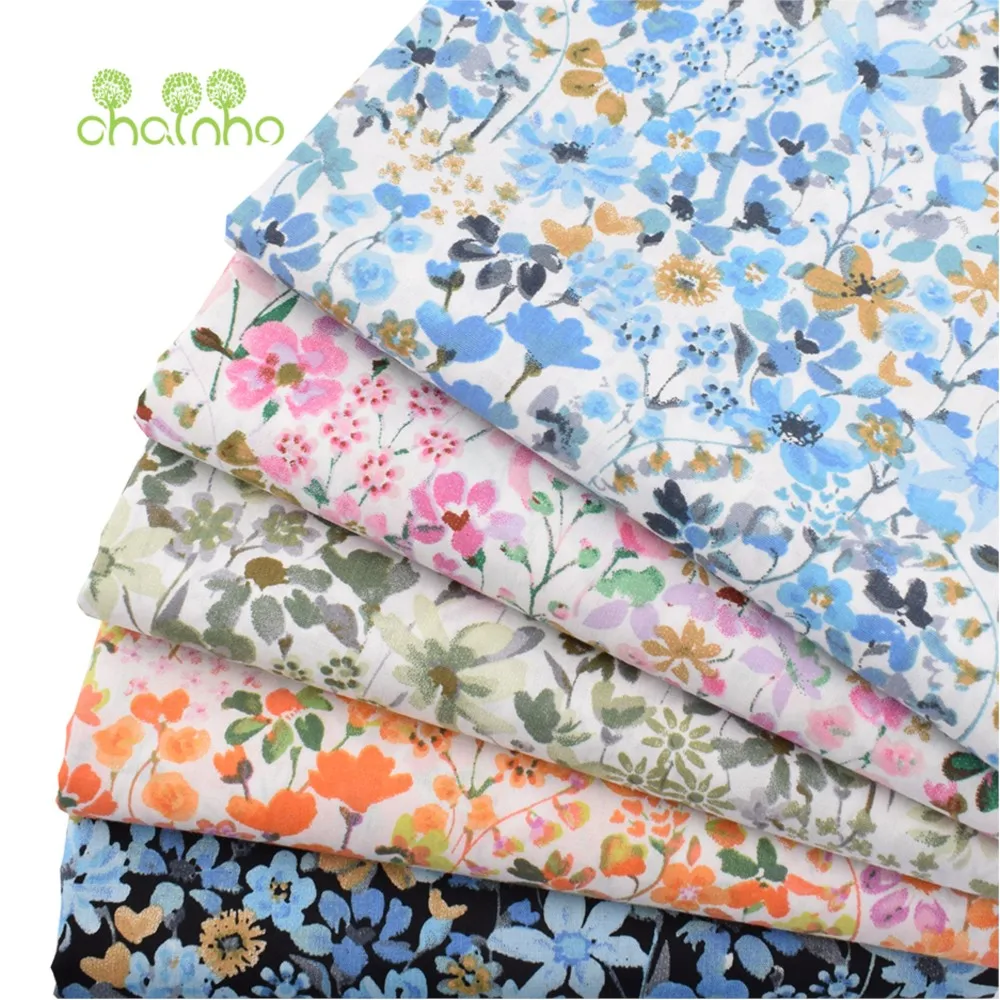 Chainho,Printed Plain Weave Poplin Cotton Fabric,DIY Quilting Sewing Material,Patchwork Cloth,Floral Series,3 Sizes,15PC162