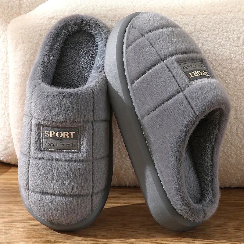 

Autumn Winter Men's Home Slippers Thick Sole 48-49 Size Cotton Slippers Warm Plush Male Non-slip Indoor Furry Slides Man Shoes