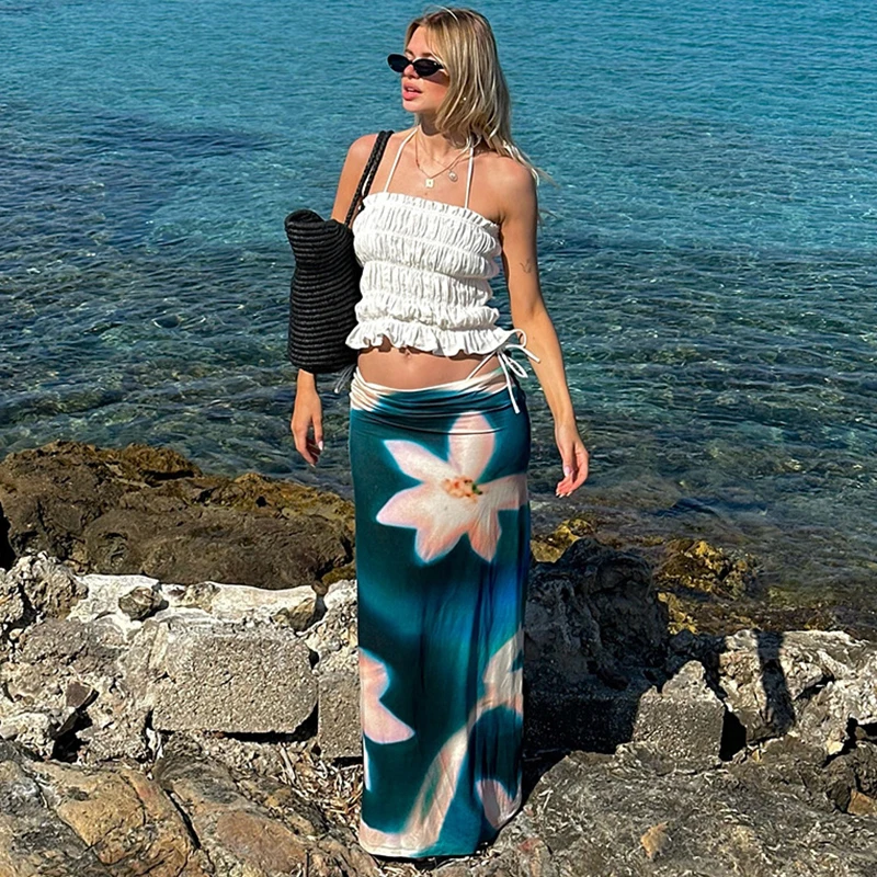 TARUXY Retro Flower Print Elegant Hip-Hugging Long Skirt Women's Low-Waist Fashion Sexy Slim Tie-Dye Skirt Beach Holiday Summer