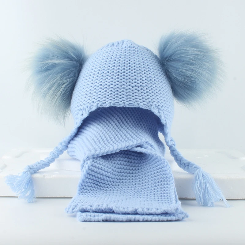 Children's Real Mink Fur Ball Hat Scarf Set Double Balls Earmuff Knit Cap Warm Wool Hat For Baby Boys Girls Scarf Shawl