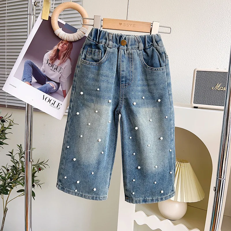 

Kids Pants Girls Fashion Autumn Season New Korean 2023 Versatile Pearl Jeans Elastic Waist Pocket Vintage Pleated