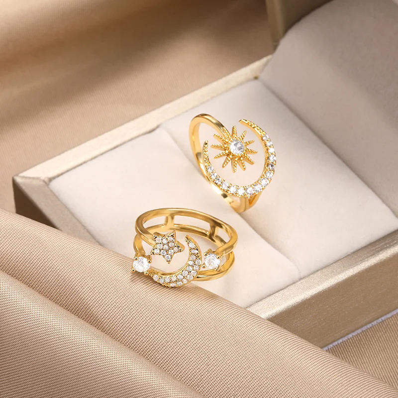 Dainty Crystal Moon and Star Rings For Women