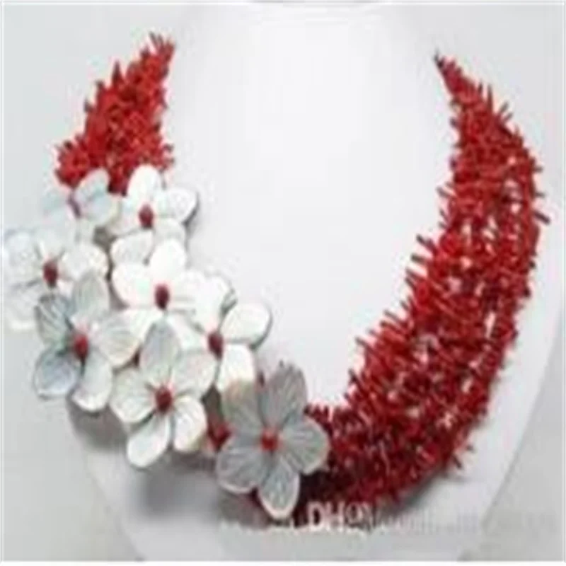 

Charming !!! natural red coral shell flower necklace