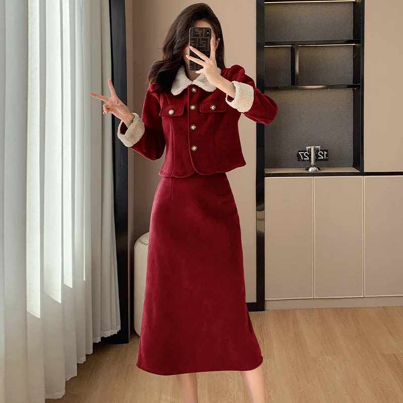 

Шикарный вельветовый комплект из двух предметов во французском стиле, Женский офисный костюм из куртки и юбки красного цвета для осени и зимы