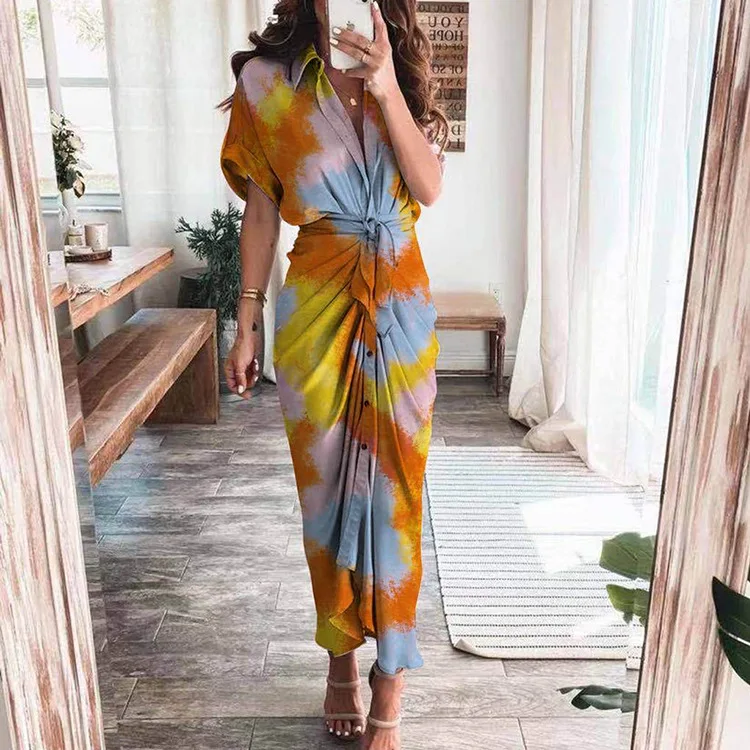2021 New summer Office lady maxi long dresses satin fashion commuting shirtdresses solid color Casual elegant dress for women dress shops