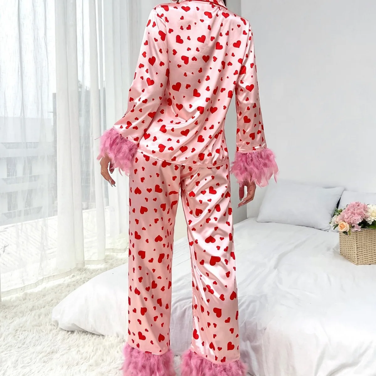 Spring 2024 New Girls Pajamas Set Valentine Day Sweet Love Print Casual Simple Home Set Comfortable Pajamas Long Sleeves Exotic