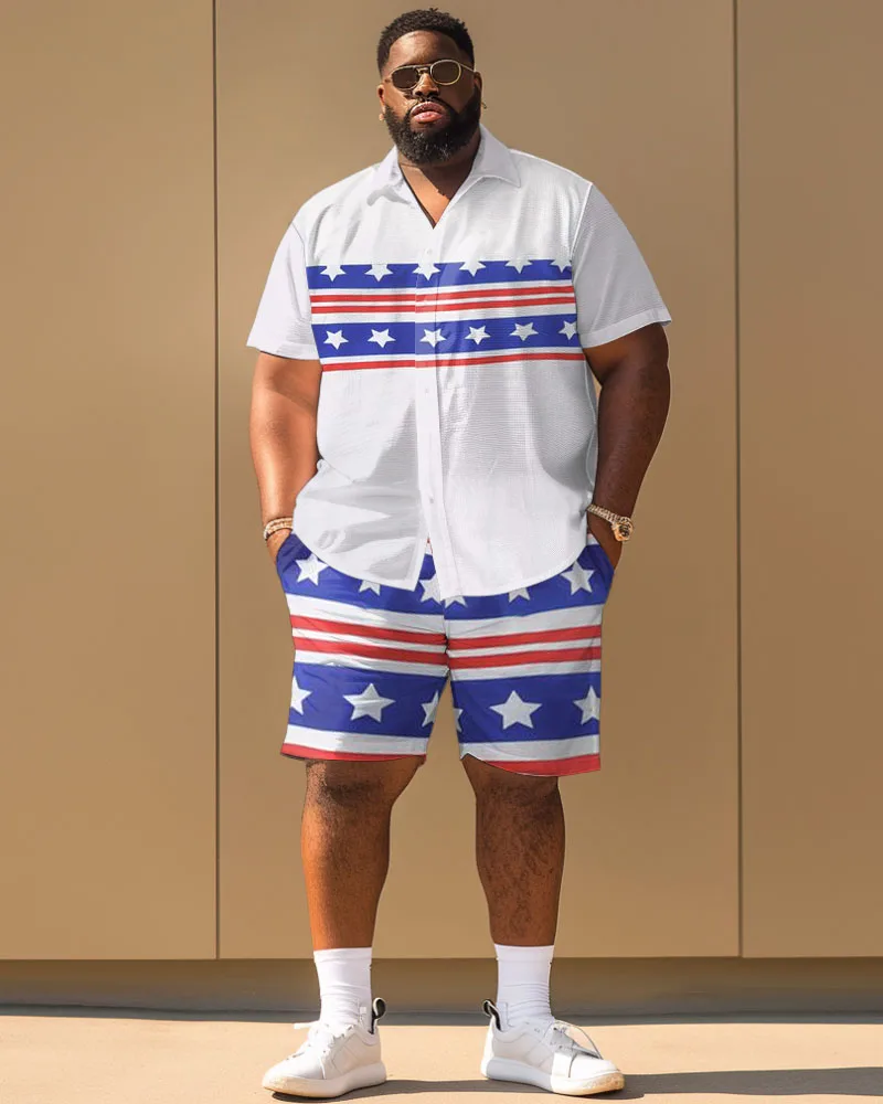 Biggmans Plus Size L-9Xl Plus Size Men's Clothing Independence Day Flag Car Printed Short Sleeve Shirt Shorts Suit Set