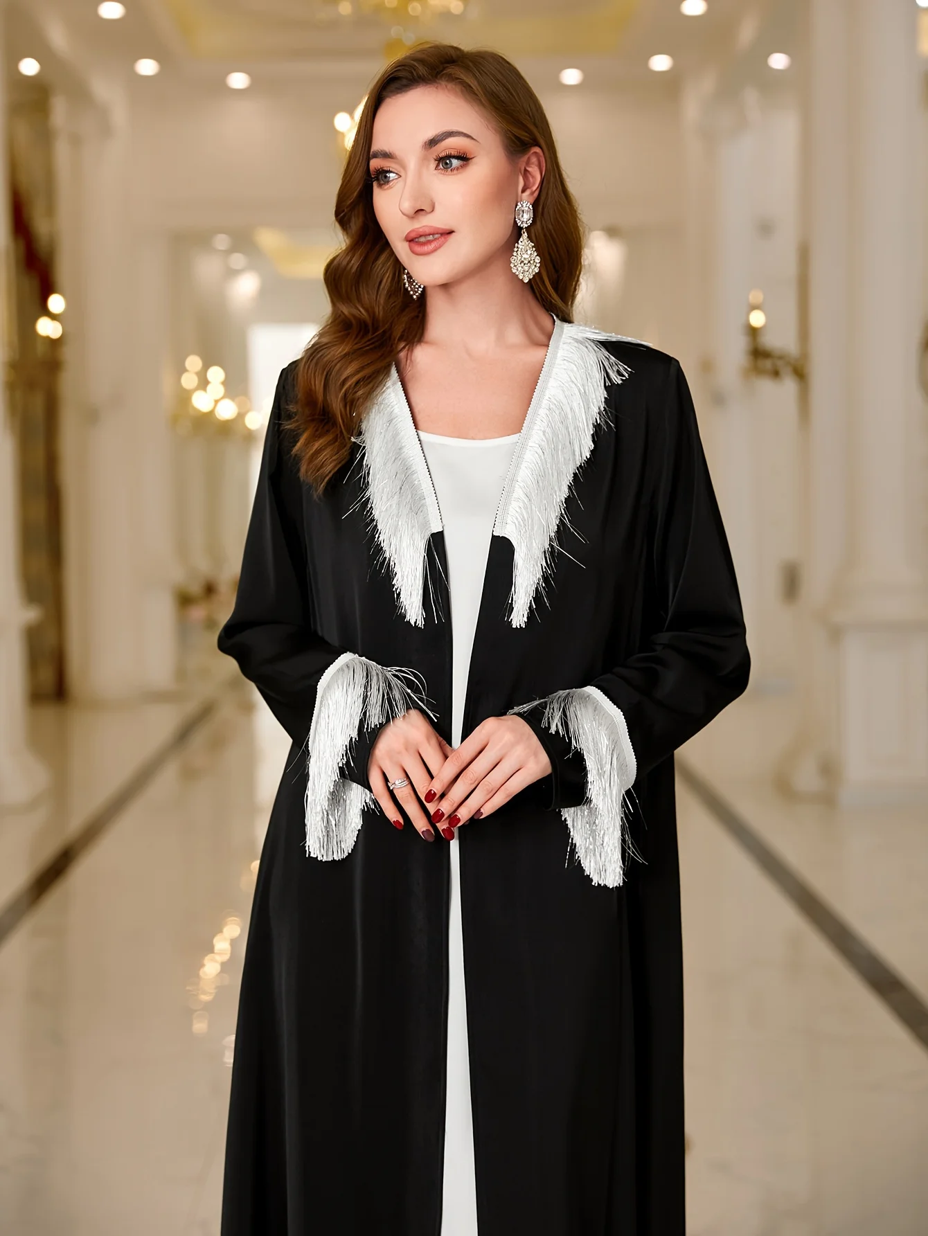 Ramadan Contrast Trim Fringe Hem Abayas, Elegant Long Sleeve Open Front Cover Up Outwear, Abaya Dubai Luxury Women's Clothing