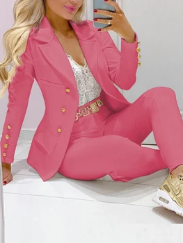 Summer Women's Elegant Casual Fashion 2 Piece Set Women Suit Blazer and Pants Two Piece Ladies Office Wear Women Pink Suit White