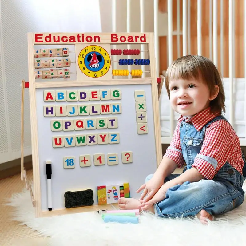 Wooden Kids Easel Drawing Board Double-Sided Toddler Drawing Chalkboard Magnetic Dry Erase Board With Abacus Bracket Type Wooden