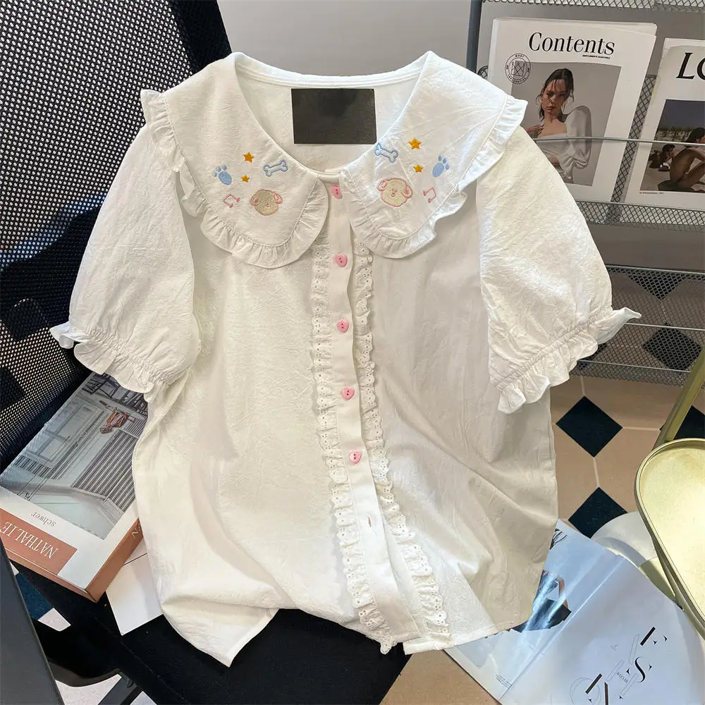 

Japanese Kawaii Cute Embroidery Lolita Blouses Women Vintage Sweet Peter Pan Collar Short Sleeve Shirts Tops Blusas Feminina