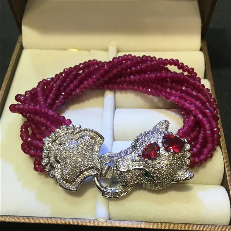 

Handmade leopard head zircon clasp red agate 10-rows bracele