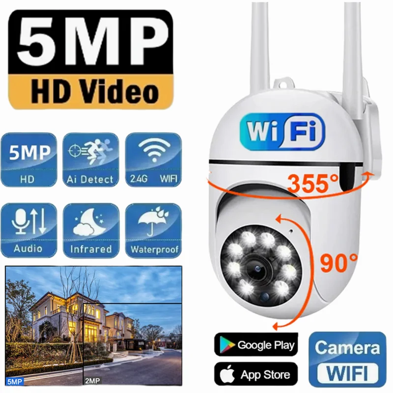 

5MP Wifi Wireless Security Monitor Camera Color Night Vision PTZ Cam Smart Home CCTV Surveillance Human Tracking Two-way Audio