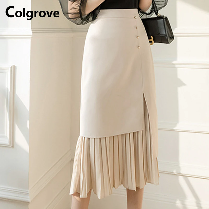 

Colgrove 2023 New Arrival Stylish Women Korean Fashion Asymmetrical Pleated Skirts Ladies Business Long Skirt Women Clothing