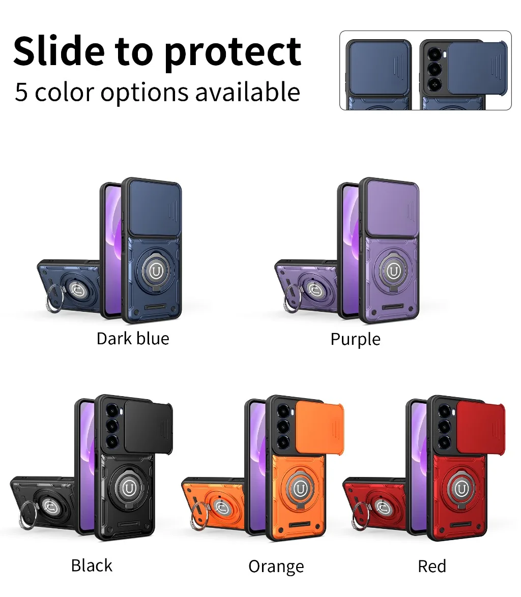Magnetic 360° Ring Kickstand Phone Case with Slide Camera Lens Cover - Shockproof Design