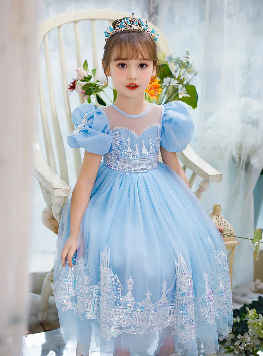 Kids Girls 2025 Elegant Luxury Dresses Blue Frozen Elsa Dress For