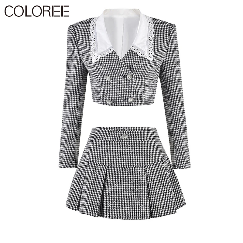 

Vintage Woven Plaid Tweed Jacket and Skirts Two Piece Set for Women Spring Autumn Clothes Korean Conjuntos Femininos Elegantes
