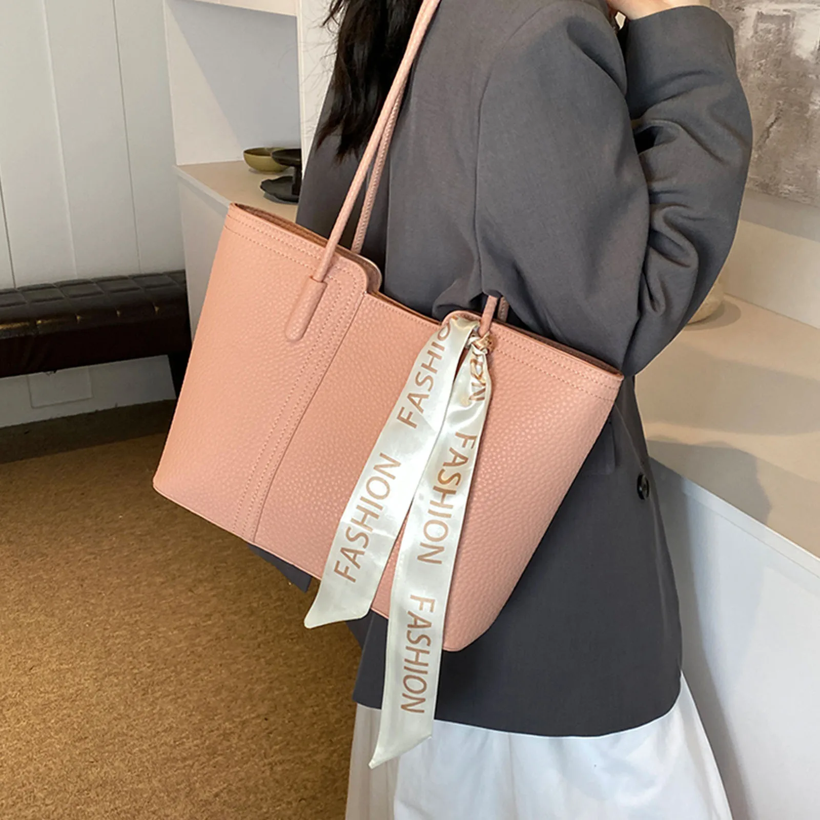 PU Tote Bag Solid Color Commuting Versatile Handbag Shoulder Bag for Women Work Office Travel