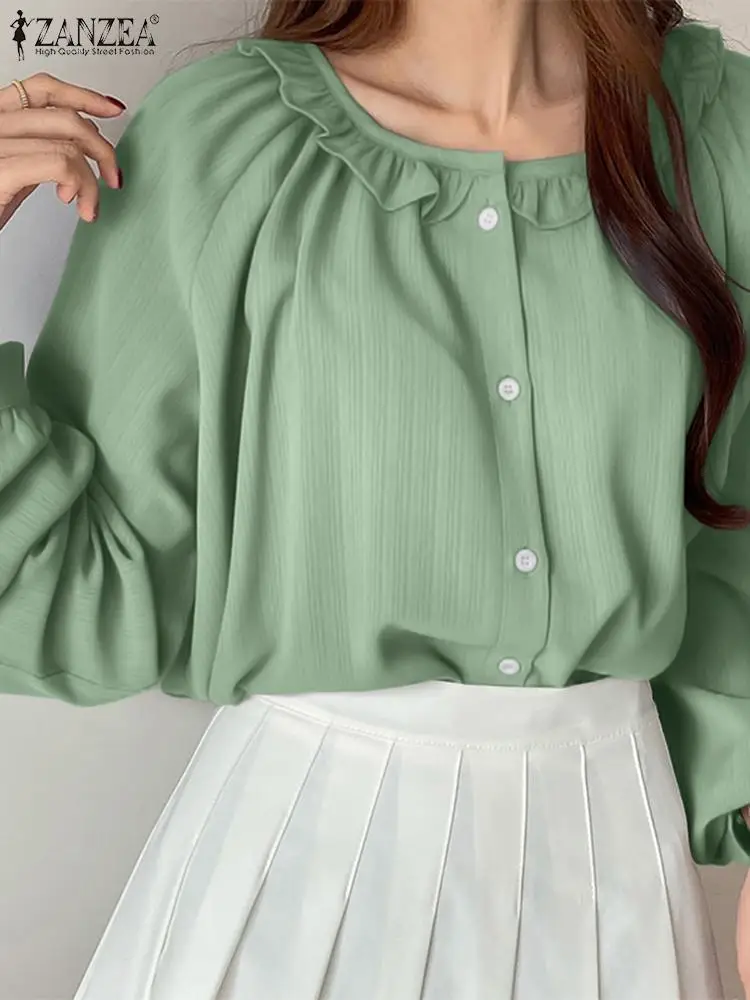 

ZANZEA Elegant Long Sleeve Blouse Casual Loose Women Shirt Fashion Solid Ruffles Tops 2024 Spring Holiday Round Neck Tunic Femme
