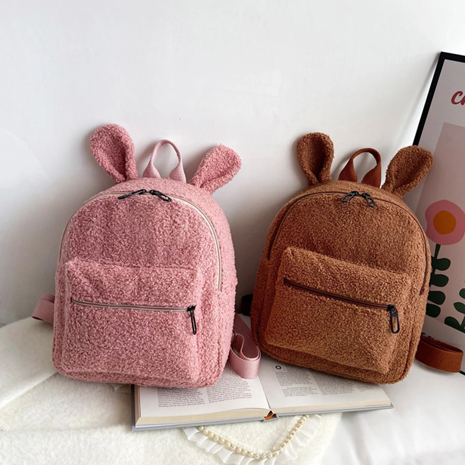 Newest Arrival Women Girls Cute Bear Ear Fleece Small Backpacks Casual Warm Lambswool Daypack Bags Shoulder Bags Backpacks