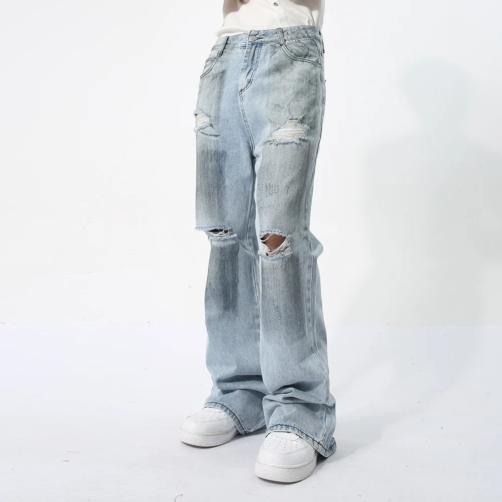 Men Fashion Ripped High Quality Trouser Solid Washed Streetwear Holes Baggy Jeans Men Ripped Streetwear Denim Wide-leg Pants