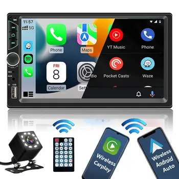 Radio de coche con pantalla táctil HD de 7 pulgadas, reproductor de vídeo de coche de alta calidad de 2 Din, CarPlay inalámbrico, Android Auto con cámara trasera Bluetooth 1